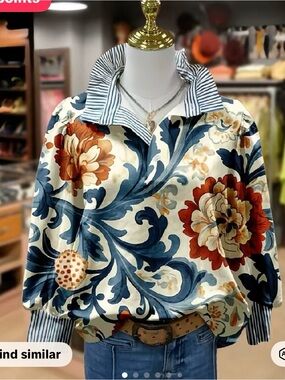 Floral Baroque Print Button-Up Blouse in Cream, Navy & Rust